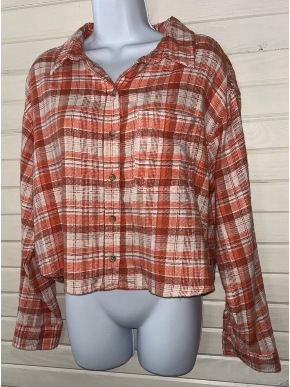 NWT American Eagle Sz MEDIUM Orange Plaid Cropped Soft Flannel Shirt Cotton